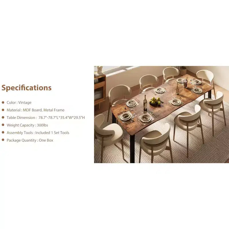 Table à manger pour 6-8 personnes, table rustique à bord ondulé irrégulier avec plateau MDF épais et cadre métallique, étanche et résistant aux rayures, marbre polyvalent