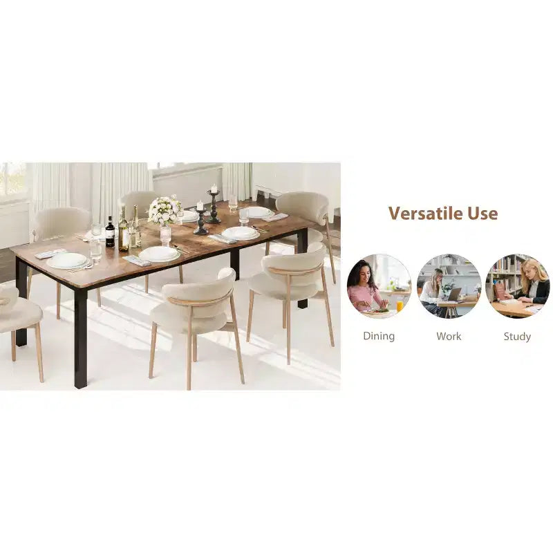 Table à manger pour 6-8 personnes, table rustique à bord ondulé irrégulier avec plateau MDF épais et cadre métallique, étanche et résistant aux rayures, marbre polyvalent