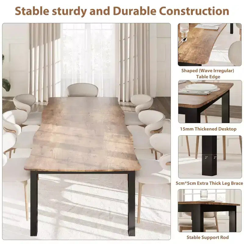 Table à manger pour 6-8 personnes, table rustique à bord ondulé irrégulier avec plateau MDF épais et cadre métallique, étanche et résistant aux rayures, marbre polyvalent
