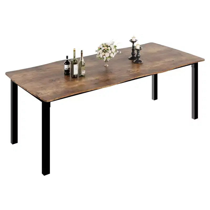 Table à manger pour 6-8 personnes, table rustique à bord ondulé irrégulier avec plateau MDF épais et cadre métallique, étanche et résistant aux rayures, marbre polyvalent