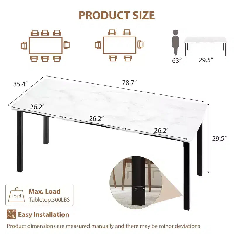 Table à manger pour 6-8 personnes, table rustique à bord ondulé irrégulier avec plateau MDF épais et cadre métallique, étanche et résistant aux rayures, marbre polyvalent
