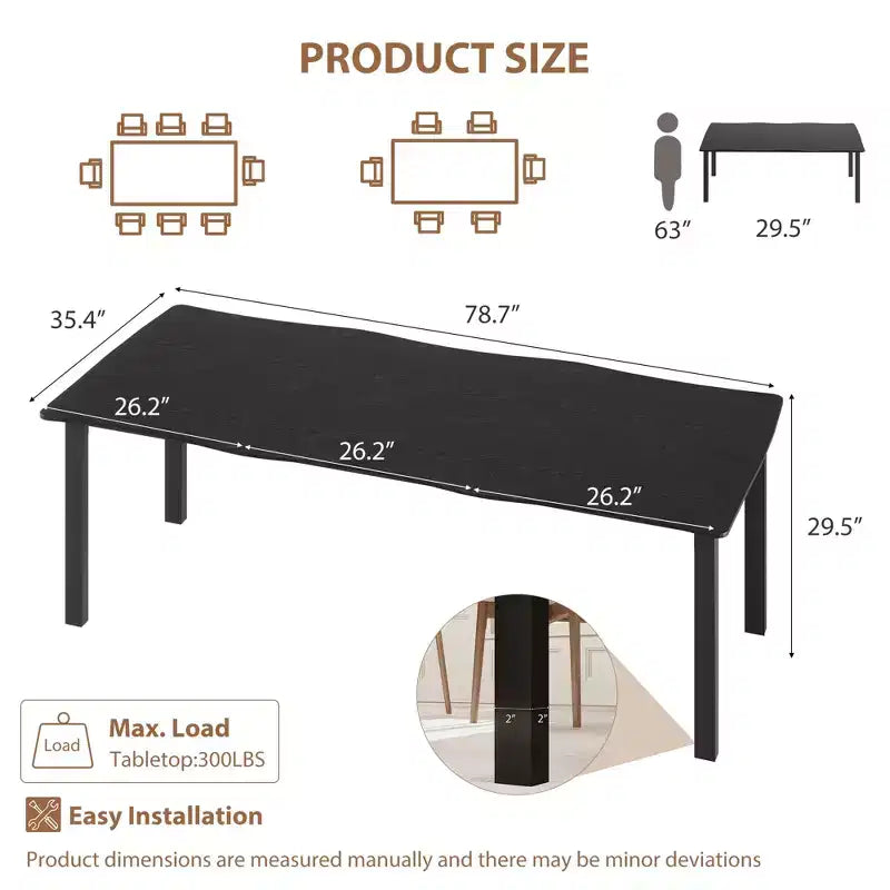Table à manger pour 6-8 personnes, table rustique à bord ondulé irrégulier avec plateau MDF épais et cadre métallique, étanche et résistant aux rayures, marbre polyvalent