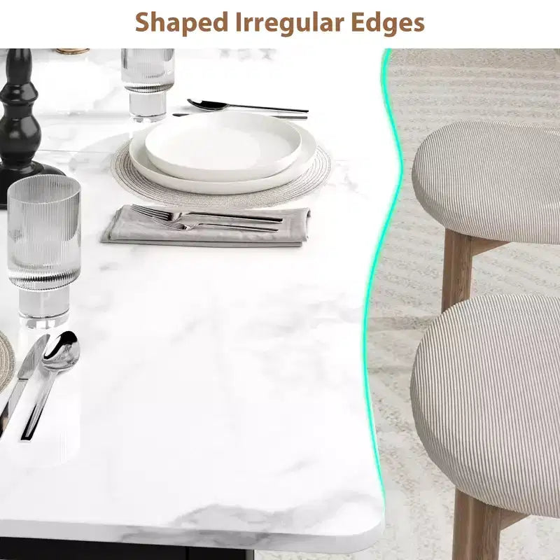 Table à manger pour 6-8 personnes, table rustique à bord ondulé irrégulier avec plateau MDF épais et cadre métallique, étanche et résistant aux rayures, marbre polyvalent