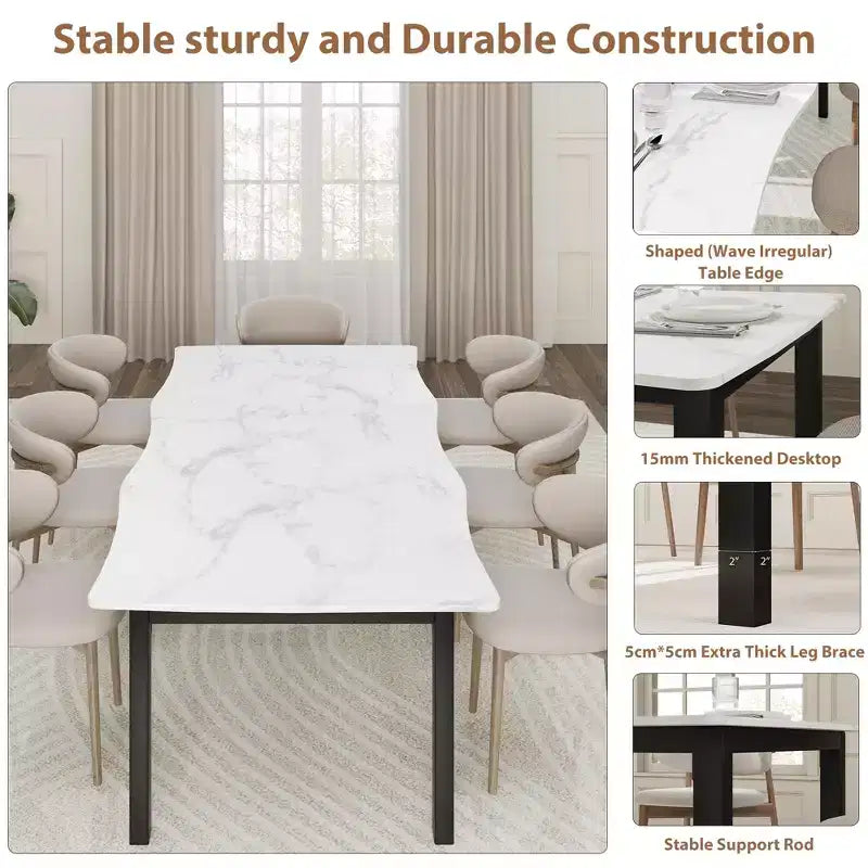 Table à manger pour 6-8 personnes, table rustique à bord ondulé irrégulier avec plateau MDF épais et cadre métallique, étanche et résistant aux rayures, marbre polyvalent