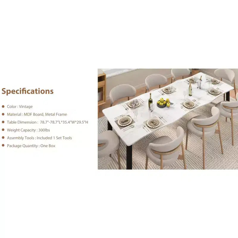 Table à manger pour 6-8 personnes, table rustique à bord ondulé irrégulier avec plateau MDF épais et cadre métallique, étanche et résistant aux rayures, marbre polyvalent