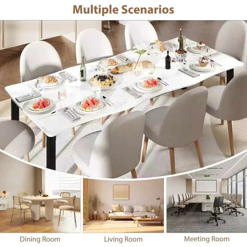 Table à manger pour 6-8 personnes, table rustique à bord ondulé irrégulier avec plateau MDF épais et cadre métallique, étanche et résistant aux rayures, marbre polyvalent