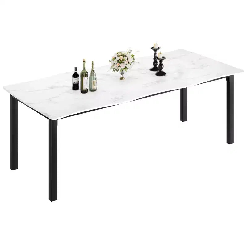 Table à manger pour 6-8 personnes, table rustique à bord ondulé irrégulier avec plateau MDF épais et cadre métallique, étanche et résistant aux rayures, marbre polyvalent