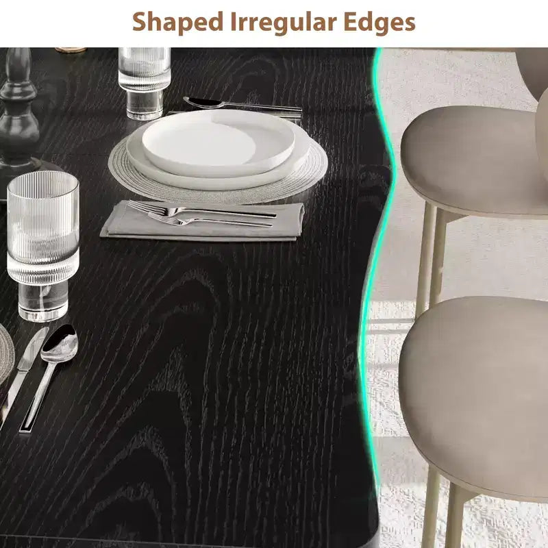 Table à manger pour 6-8 personnes, table rustique à bord ondulé irrégulier avec plateau MDF épais et cadre métallique, étanche et résistant aux rayures, marbre polyvalent