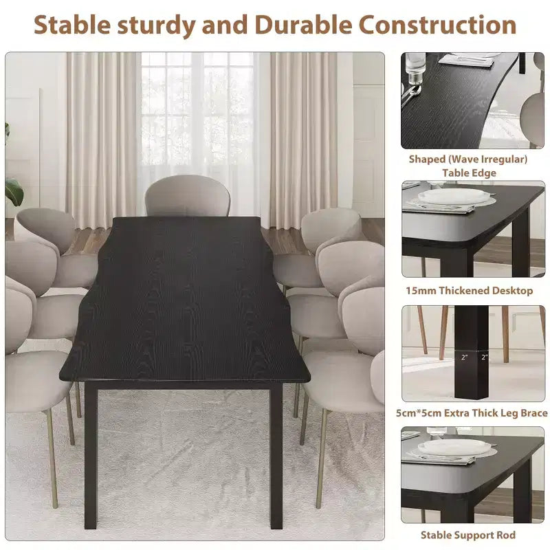 Table à manger pour 6-8 personnes, table rustique à bord ondulé irrégulier avec plateau MDF épais et cadre métallique, étanche et résistant aux rayures, marbre polyvalent