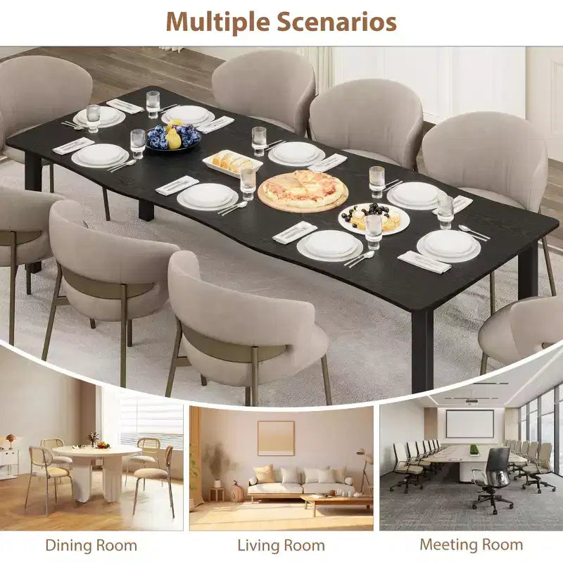 Table à manger pour 6-8 personnes, table rustique à bord ondulé irrégulier avec plateau MDF épais et cadre métallique, étanche et résistant aux rayures, marbre polyvalent