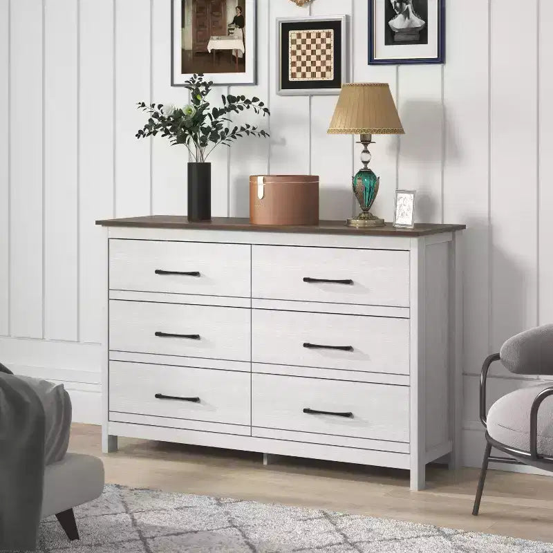 Commode à 6 tiroirs avec rangement à glissement doux en chêne blanc perle 47 W