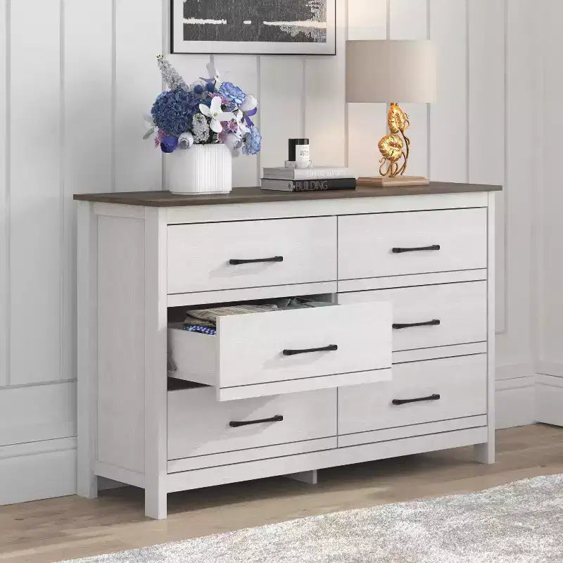 Commode à 6 tiroirs avec rangement à glissement doux en chêne blanc perle 47 W