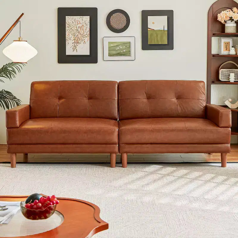 Modern 94.5-Inch Luxury Brown Leather Sofa, Minimalist Style, Sturdy Frame, Soft Touch Breathable Surface