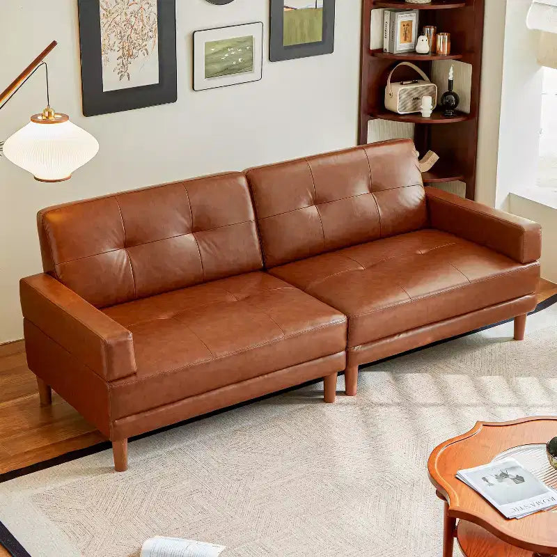 Modern 94.5-Inch Luxury Brown Leather Sofa, Minimalist Style, Sturdy Frame, Soft Touch Breathable Surface