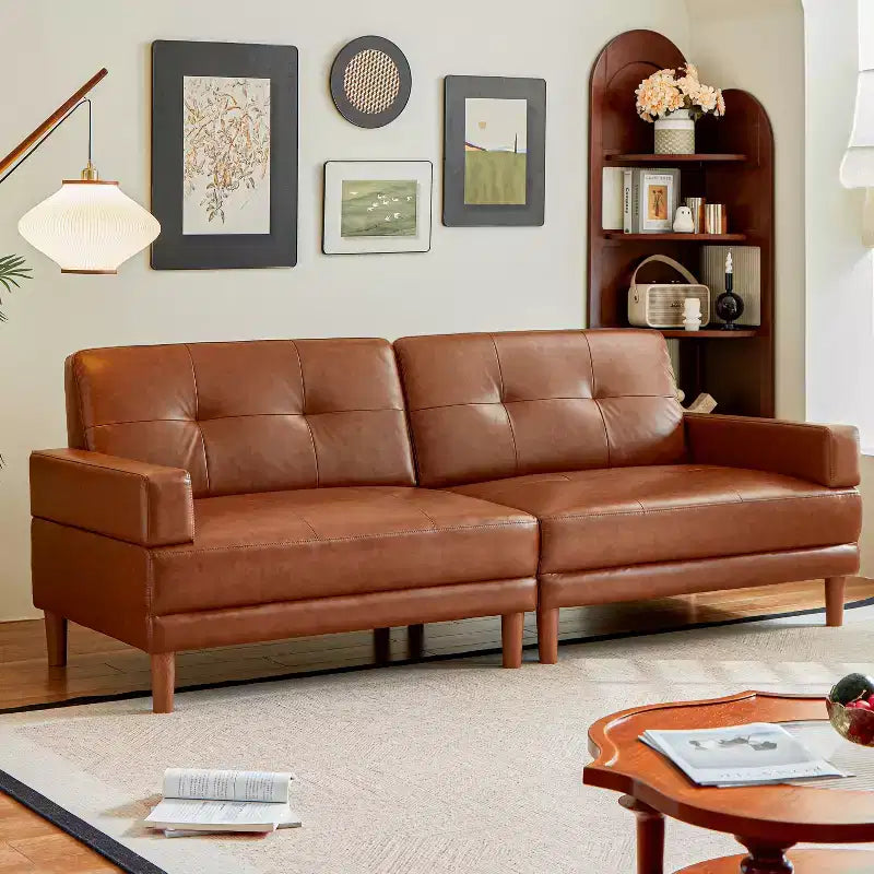 Sofá moderno de cuero marrón de lujo de 94.5 pulgadas, estilo minimalista, estructura resistente, superficie suave y transpirable