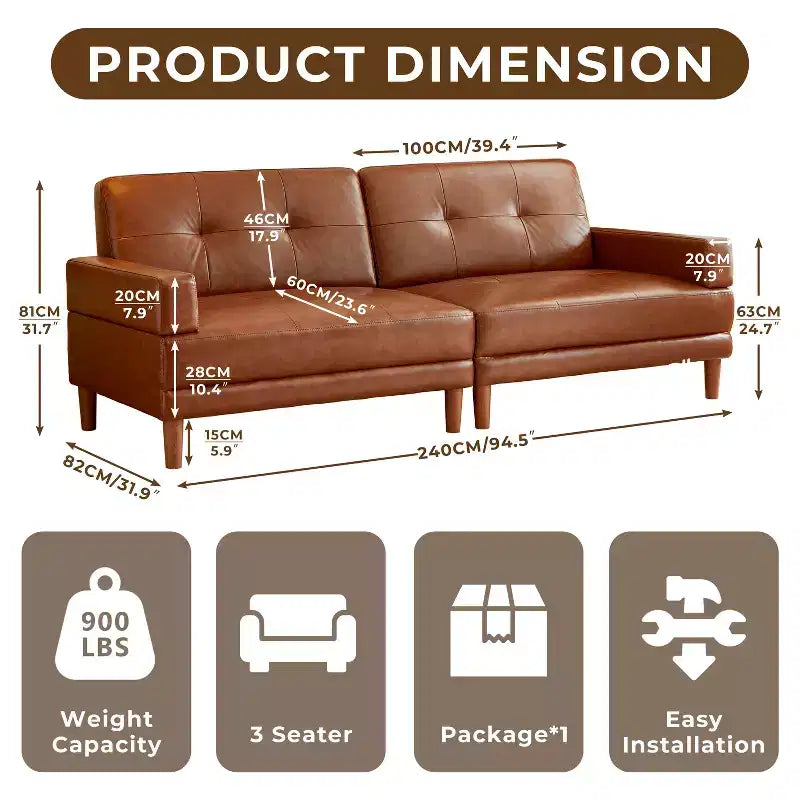 Sofá moderno de cuero marrón de lujo de 94.5 pulgadas, estilo minimalista, estructura resistente, superficie suave y transpirable