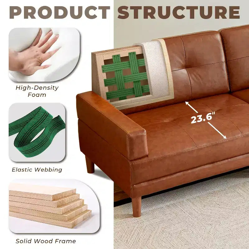 Sofá moderno de cuero marrón de lujo de 94.5 pulgadas, estilo minimalista, estructura resistente, superficie suave y transpirable