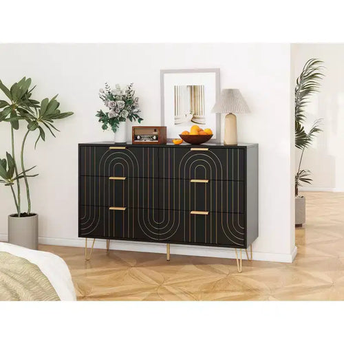 6-laden ladekast voor slaapkamer, houten ladekast met metalen handgrepen, gebogen ontwerp opbergkast voor thuiskantoor, woonkamer, slaapkamer zwart