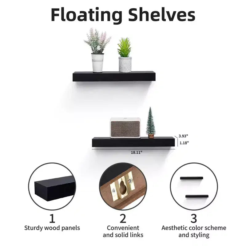 Mensola galleggiante LED nera da 15,75" con supporto invisibile in legno, montaggio a parete con LED integrato, perfetta per bagno/camera da letto/cucina o esposizione di libri/piante