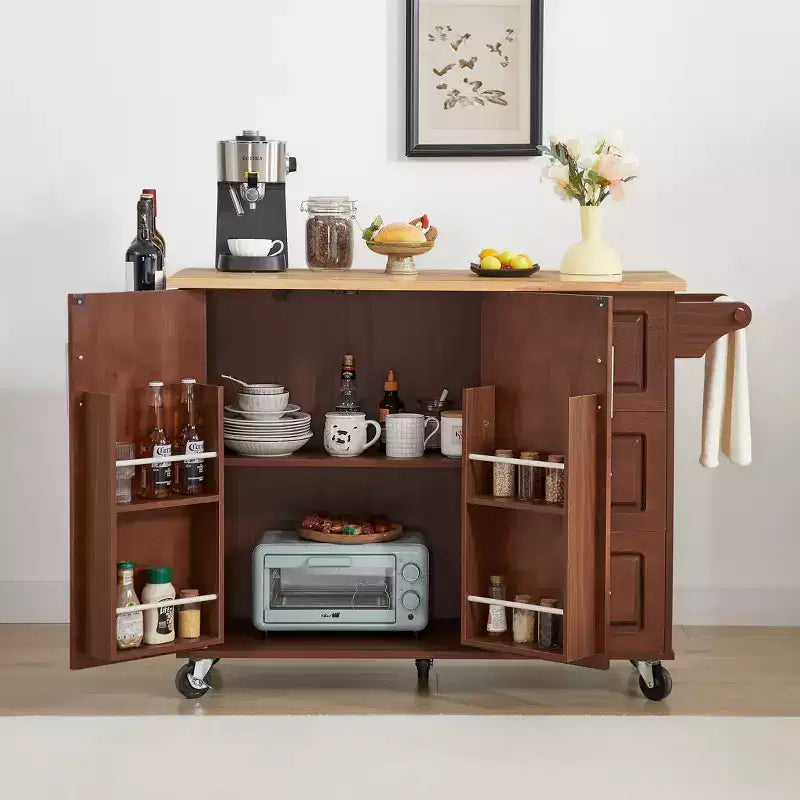 Isola Cucina Mobile con Piano Ribaltabile, Carrello da Cucina con Armadietto a 2 Ante e 3 Cassetti