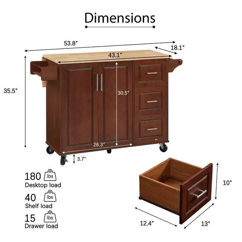 Îlot de cuisine roulant avec rallonge rabattable, chariot de cuisine avec armoire à 2 portes et 3 tiroirs
