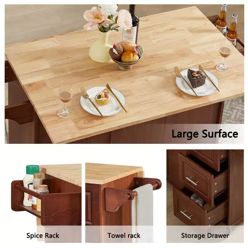 Isola Cucina Mobile con Piano Ribaltabile, Carrello da Cucina con Armadietto a 2 Ante e 3 Cassetti