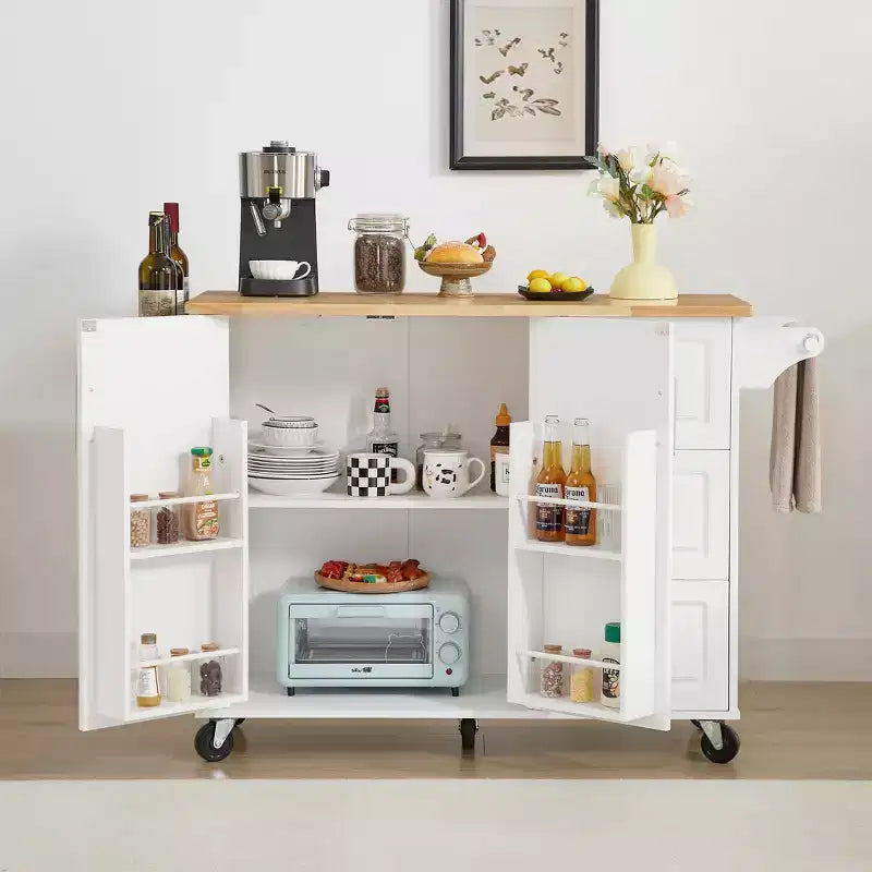 Îlot de cuisine roulant avec rallonge rabattable, chariot de cuisine avec armoire à 2 portes et 3 tiroirs
