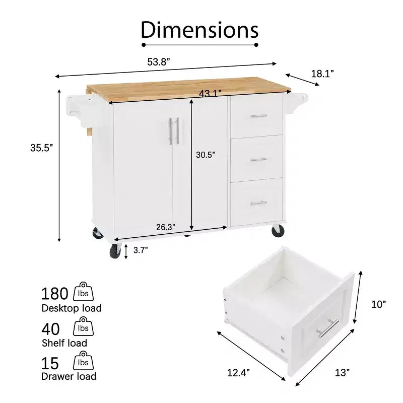 Îlot de cuisine roulant avec rallonge rabattable, chariot de cuisine avec armoire à 2 portes et 3 tiroirs