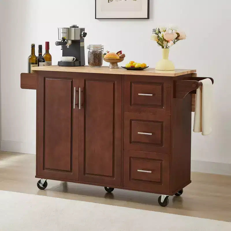 Isola Cucina Mobile con Piano Ribaltabile, Carrello da Cucina con Armadietto a 2 Ante e 3 Cassetti