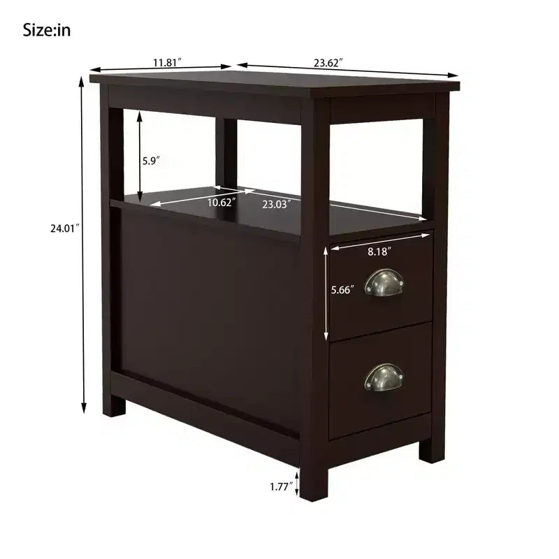 Mesa auxiliar retro de madera con cajones y estante abierto para espacios pequeños - marrón