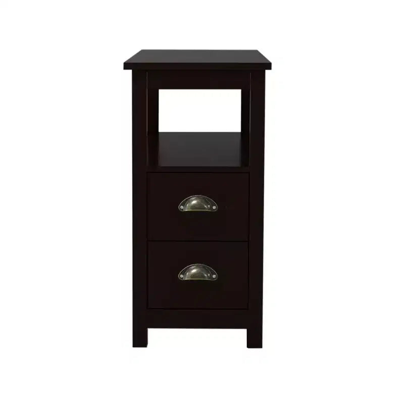 Mesa auxiliar retro de madera con cajones y estante abierto para espacios pequeños - marrón