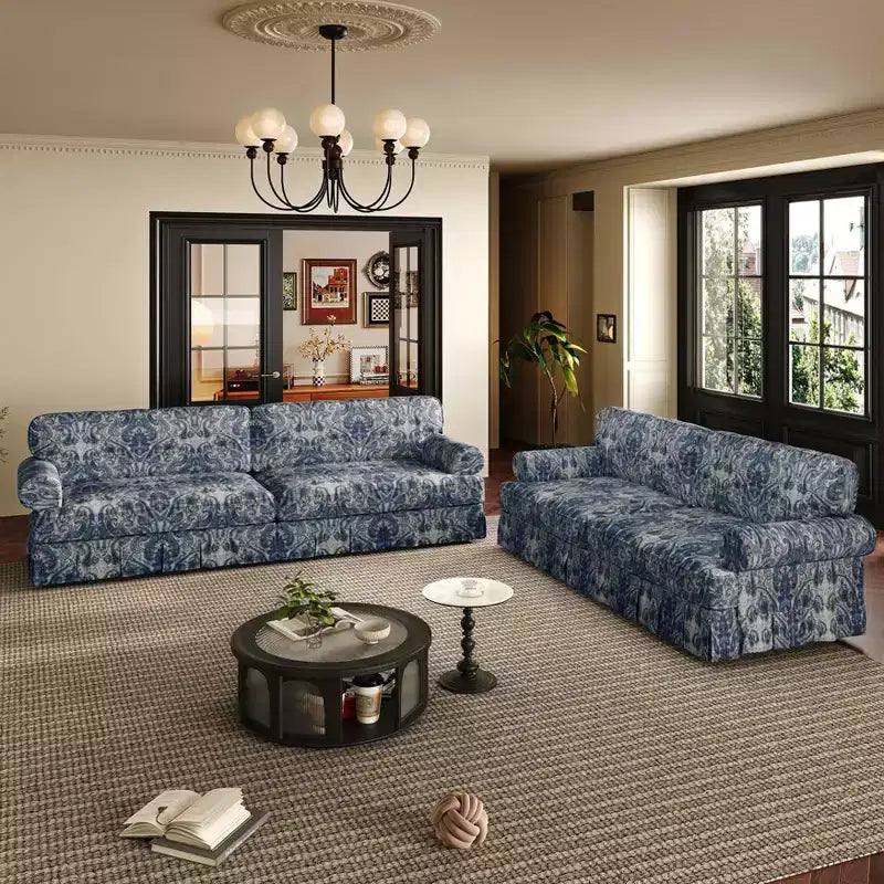 Canapé nuage luxueusement confortable 3-4 places, canapé en tissu chenille avec accoudoirs roulés et jupe plissée, bleu floral