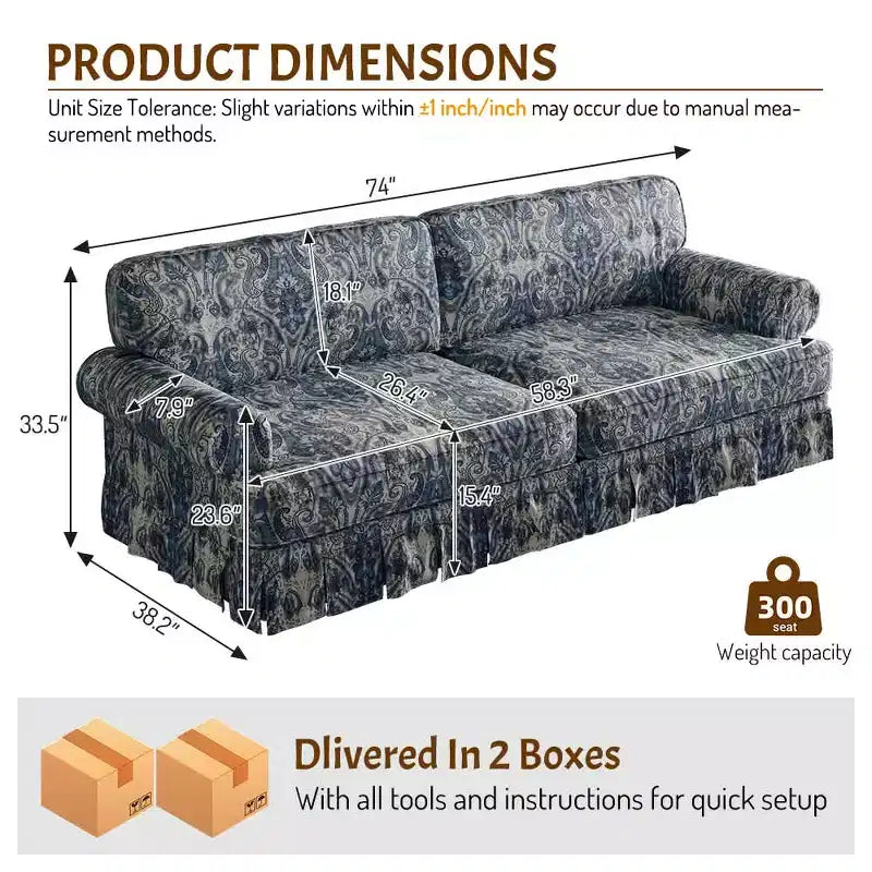 Luxuriously Comfortable 3-4 Seater Cloud Couch, Chenille Fabric Sofa with Rolled Arms & Pleated Skirt, Blue Floral