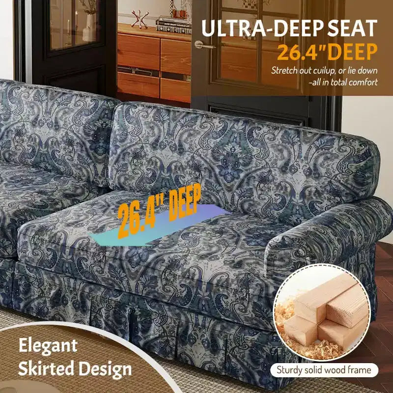 Canapé nuage luxueusement confortable 3-4 places, canapé en tissu chenille avec accoudoirs roulés et jupe plissée, bleu floral