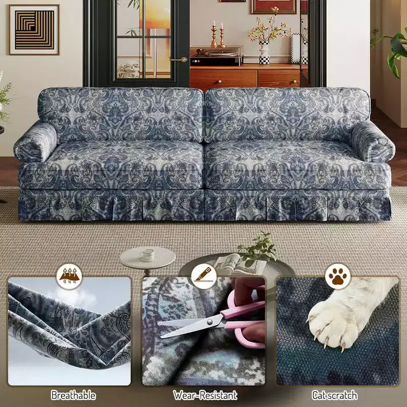 Canapé nuage luxueusement confortable 3-4 places, canapé en tissu chenille avec accoudoirs roulés et jupe plissée, bleu floral