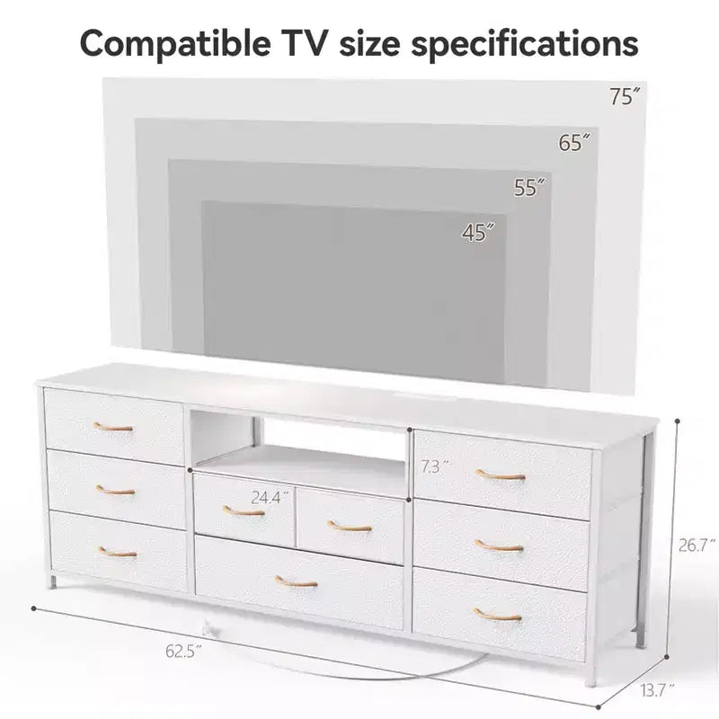 Cassettiera Bianca con 9 Cassetti per Camera da Letto, Supporto TV LED per TV da 75 Pollici con Stazione di Ricarica e Prese di Corrente, Cassettone in Tessuto, Consolle Media