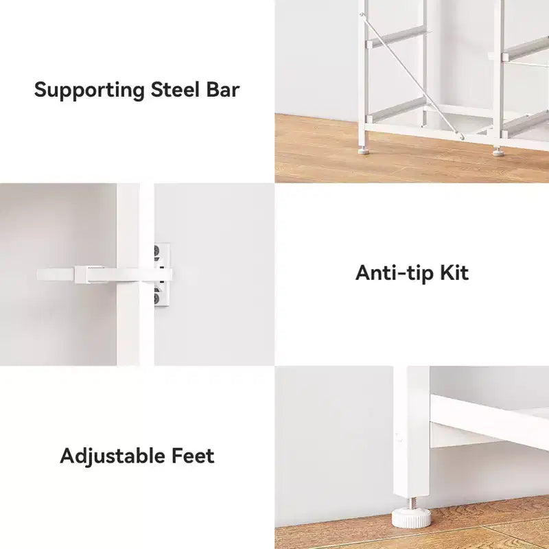 Witte 9-Laden Ladekast voor Slaapkamer, LED TV-standaard voor 75 inch TV met Oplaadstation en Stopcontacten, Stoffen Opbergkist, Mediaconsoletafel