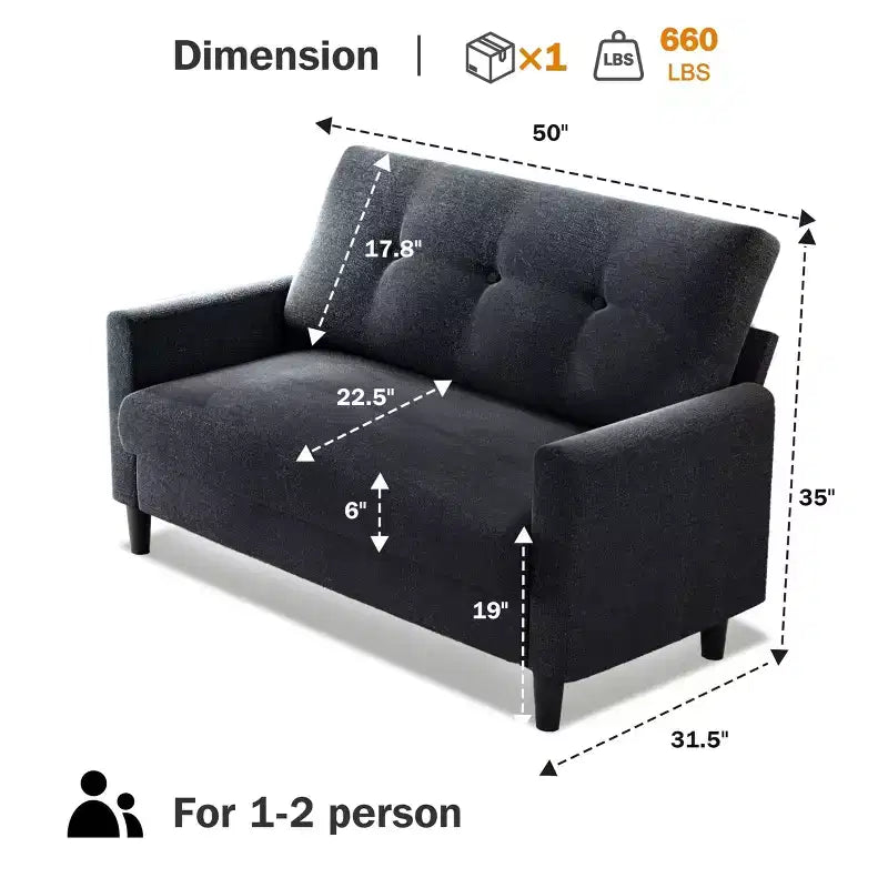 Petit canapé deux places, canapé confortable de 50" avec coussins épais, montage sans outil pour chambre et petits espaces