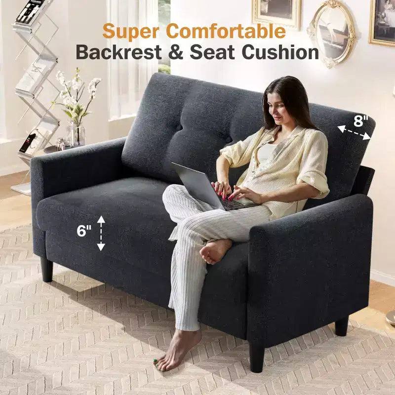 Petit canapé deux places, canapé confortable de 50" avec coussins épais, montage sans outil pour chambre et petits espaces