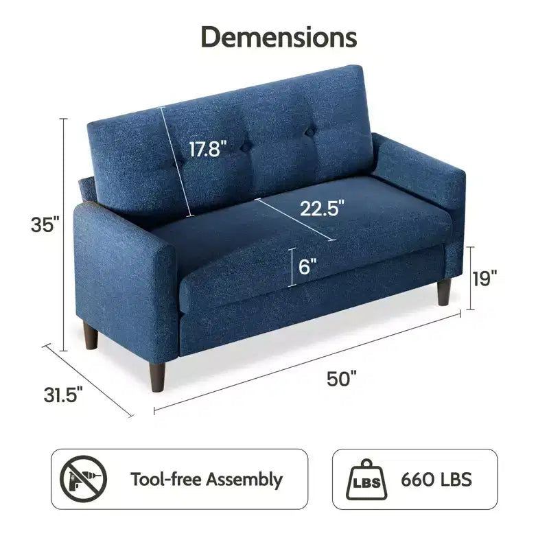 Petit canapé deux places, canapé confortable de 50" avec coussins épais, montage sans outil pour chambre et petits espaces