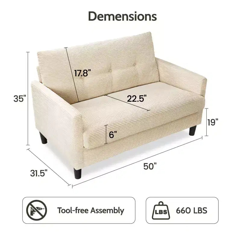 Small Loveseat Sofa, 50" Comfy Couch with Thick Cushions, Tool-Free Assembly for Bedroom and Small Spaces