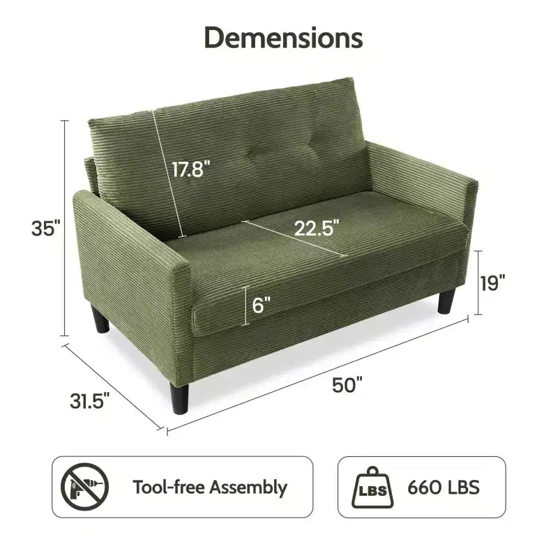 Petit canapé deux places, canapé confortable de 50" avec coussins épais, montage sans outil pour chambre et petits espaces