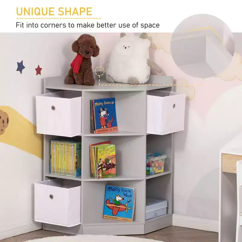 Mobiletto Kids Corner, Organizzatore per Giocattoli con Cubby, Libreria con Tre Cesti per Sala Giochi, Camera da Letto, Soggiorno, Grigio