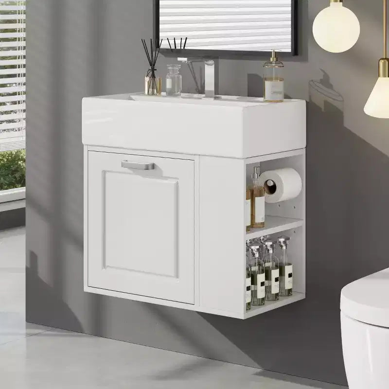 Mobile bagno da parete da 21,8 pollici con lavabo, mobile bagno con cassetti, mobile lavabo singolo con ripiano regolabile