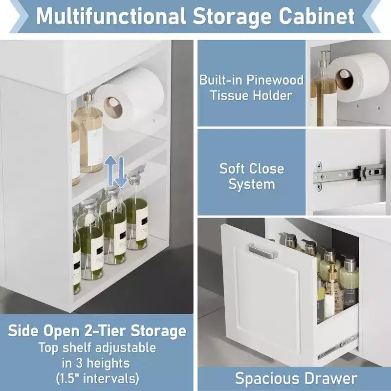 Mobile bagno da parete da 21,8 pollici con lavabo, mobile bagno con cassetti, mobile lavabo singolo con ripiano regolabile