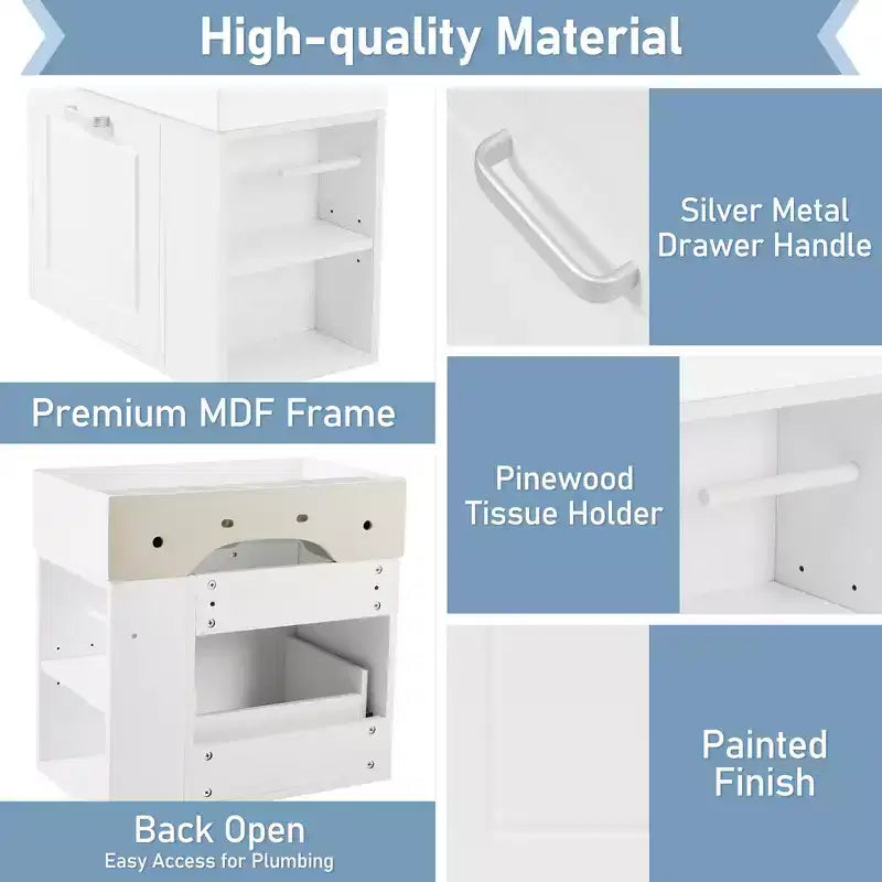 Mobile bagno da parete da 21,8 pollici con lavabo, mobile bagno con cassetti, mobile lavabo singolo con ripiano regolabile