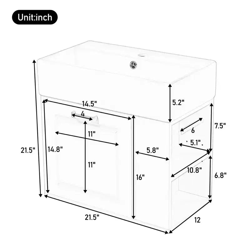 Mobile bagno da parete da 21,8 pollici con lavabo, mobile bagno con cassetti, mobile lavabo singolo con ripiano regolabile