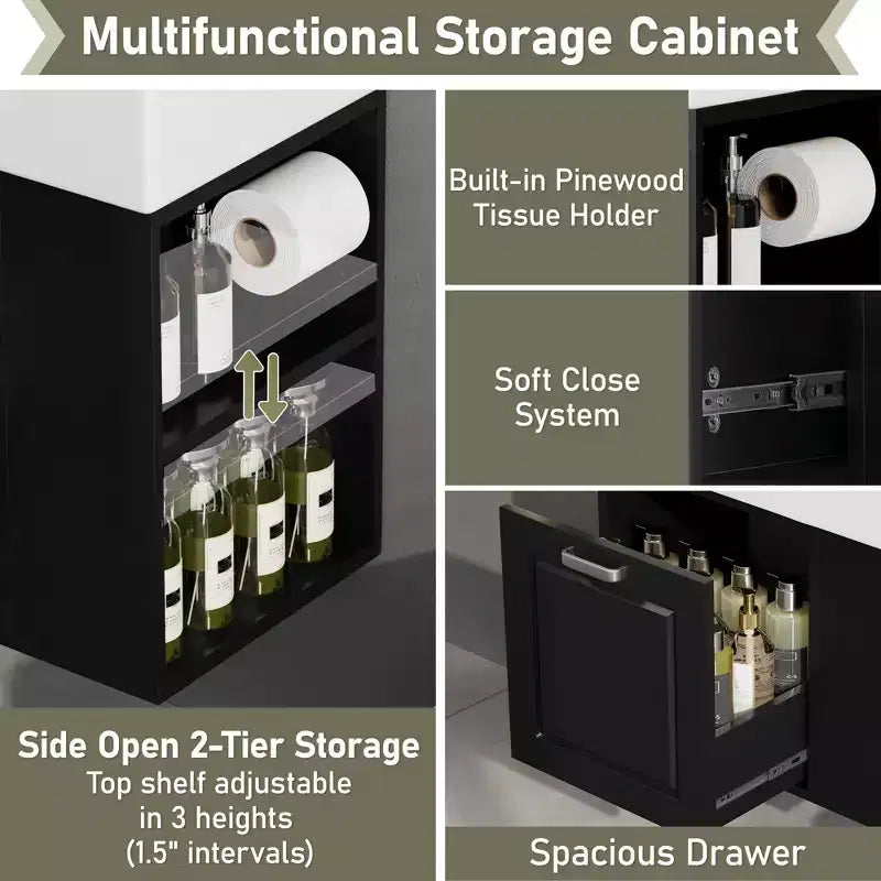 Mobile bagno da parete da 21,8 pollici con lavabo, mobile bagno con cassetti, mobile lavabo singolo con ripiano regolabile