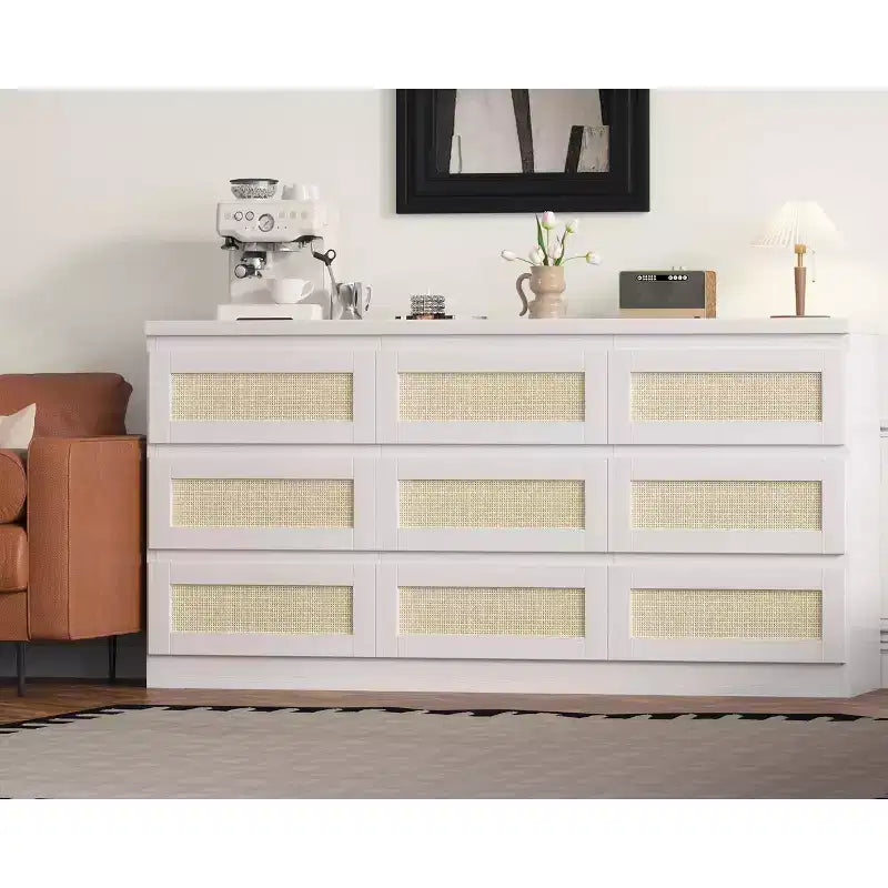 Commode en rotin à 9 tiroirs avec station de charge, commode de style ferme, large rangement pour placard, organisateur pour chambre, salon, entrée
