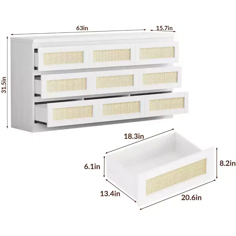 Commode en rotin à 9 tiroirs avec station de charge, commode de style ferme, large rangement pour placard, organisateur pour chambre, salon, entrée